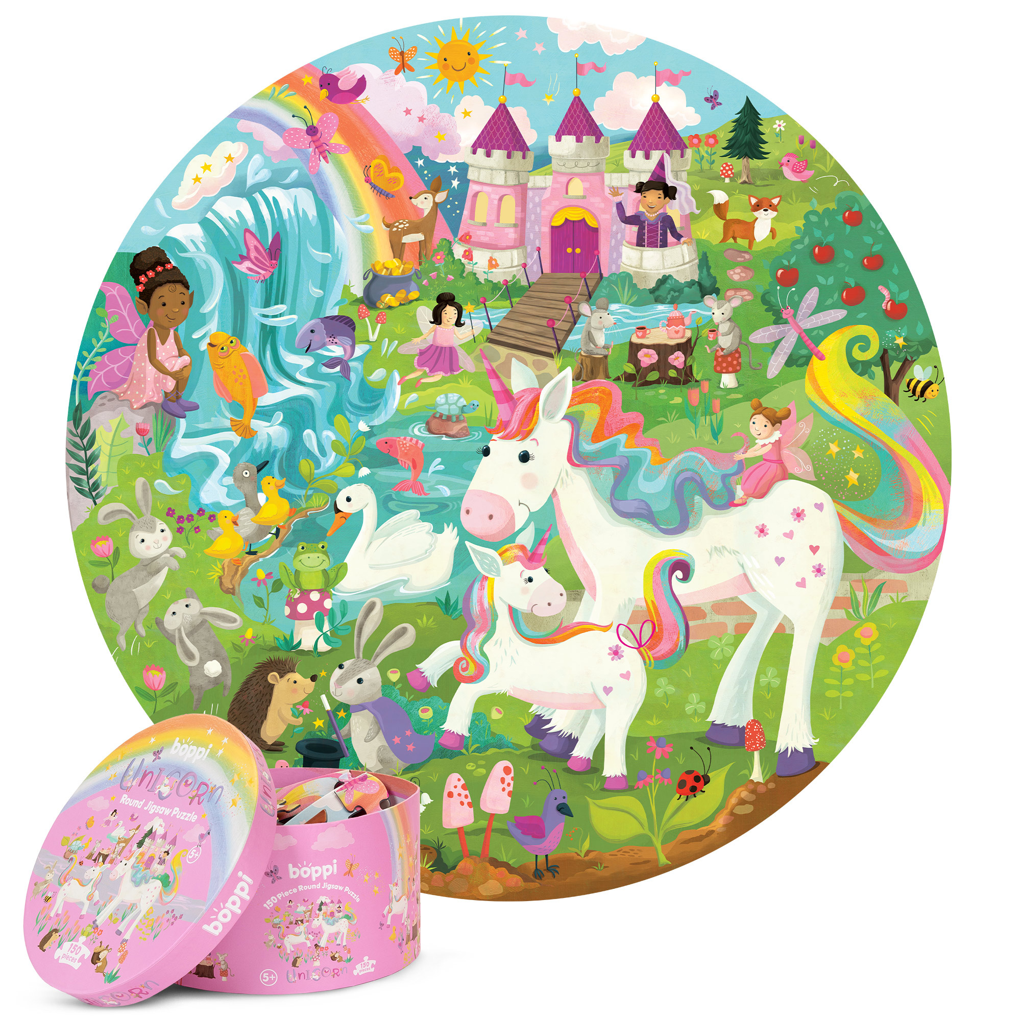 Betoverende ronde puzzel met eenhoorns, feeën en regenbogen! 150 stukjes, 58 cm diameter. Perfect cadeau voor creatieve kinderen vanaf 4 jaar.